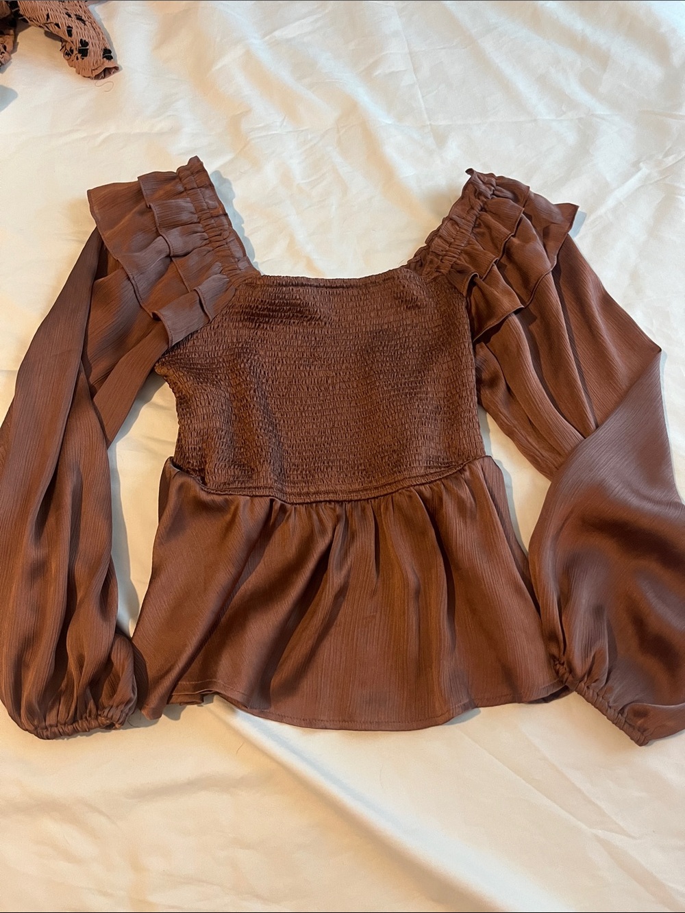 entro Chocolate Brown Smocked Ruffle Peplum Blouse
